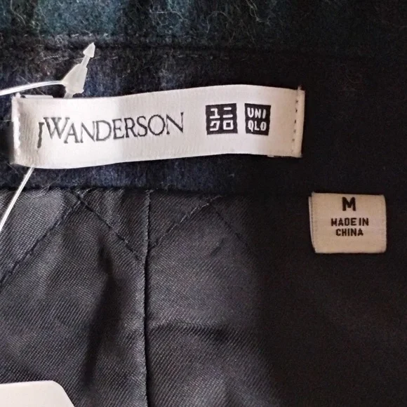 JW Anderson X Uniqlo Wool Pea Coat M Plaid Double Breasted Green Blue Black
